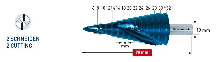 Ступенчатое сверло с покрытием BLUE-DUR, диаметр 6-32 мм, двухзаходное karnasch