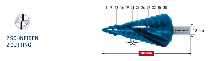 Ступенчатое сверло с покрытием BLUE-DUR, диаметр 6-38 мм, двухзаходное karnasch  