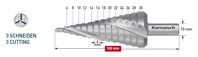Ступенчатое сверло, диаметр 6-30 мм, трехзаходное karnasch  