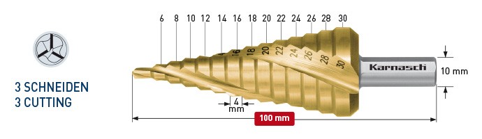 Ступенчатое сверло с покрытием TIN-GOLD, диаметр 6-30 мм, трехзаходное 