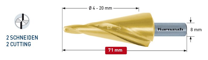 сверло коническое с покрытием TiN-GOLD, диаметр 4-20 мм, двухзаходное