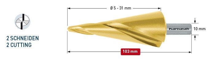 сверло коническое со спиралью  с покрытием TiN-GOLD, диаметр 5-31 мм, двухзаходное   