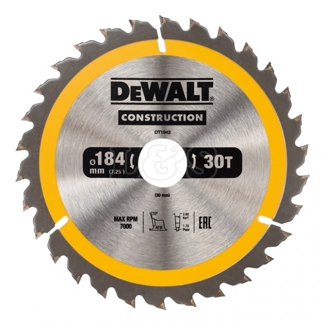 диск пильный по дереву с гвоздями DeWALT CONSTRUCTION 184/30 DT1942