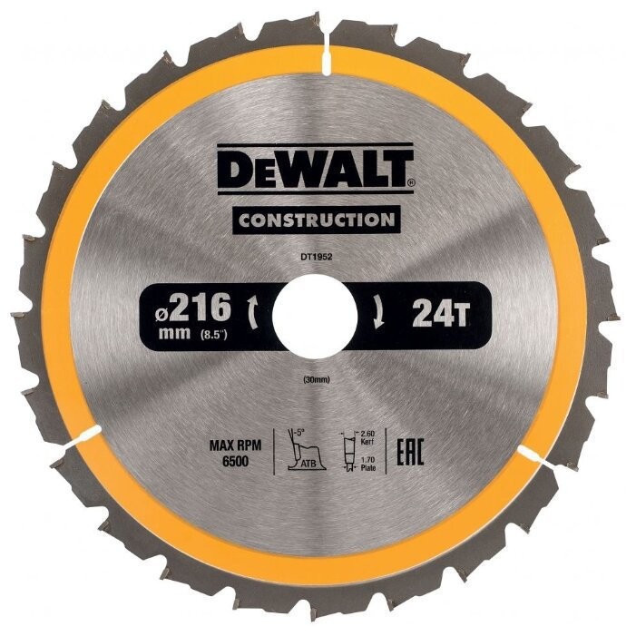 диск пильный по дереву с гвоздями DeWALT CONSTRUCTION 216/30 DT1952